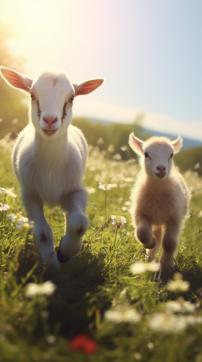 Baby goat and lamb frolicking