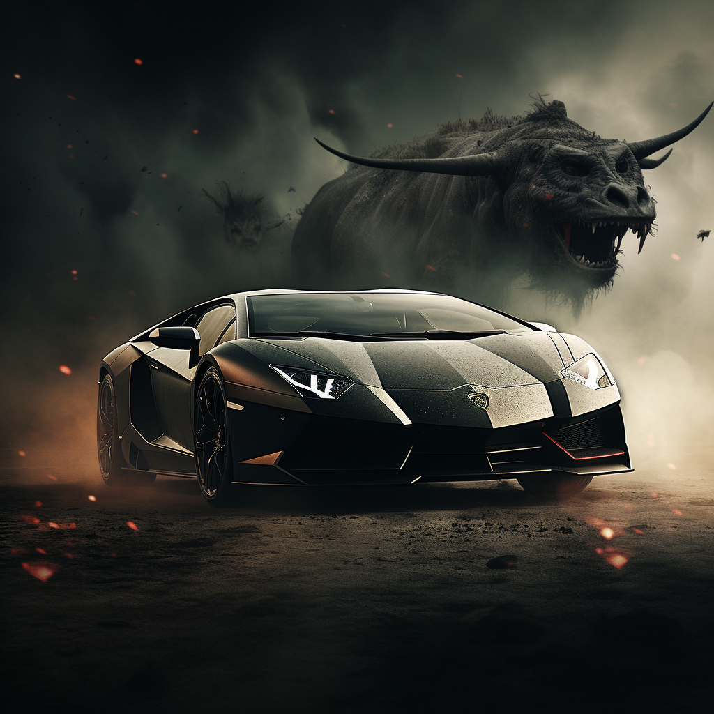 Striking black Lamborghini facing off with a bull