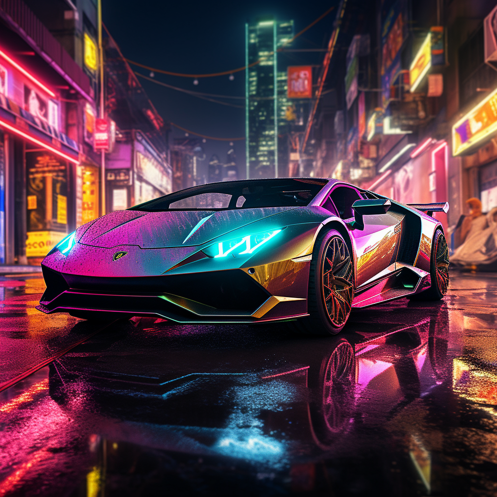 Lamborghini speed in cyberpunk city