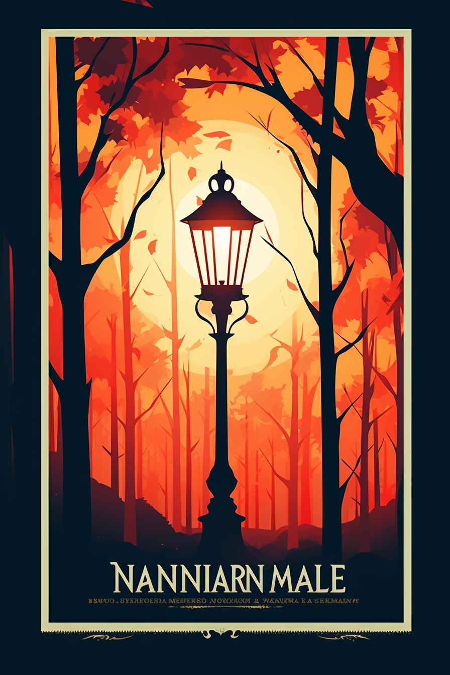 Vintage travel poster depicting lampost in woods