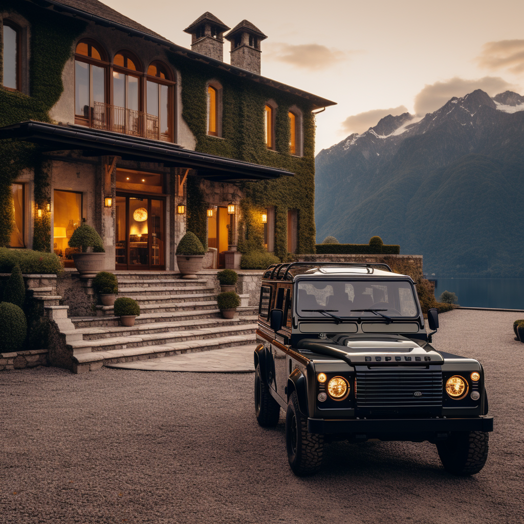 Land Rover Defender Heritage Edition in front of mountain lodge