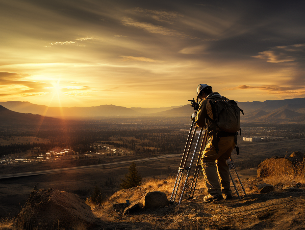 Land surveyor using total station at sunset