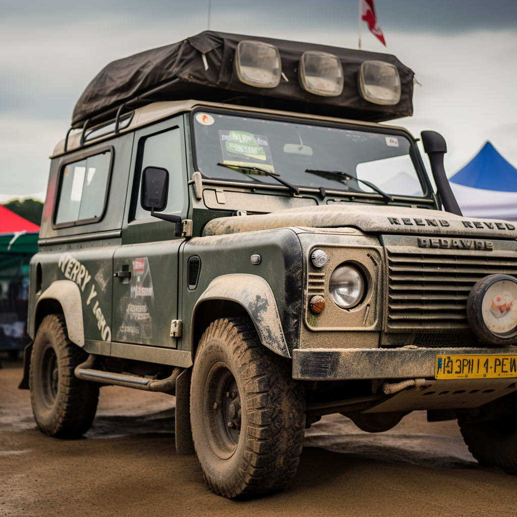 Land Rover Defender with WRC Inscriptions and Tent