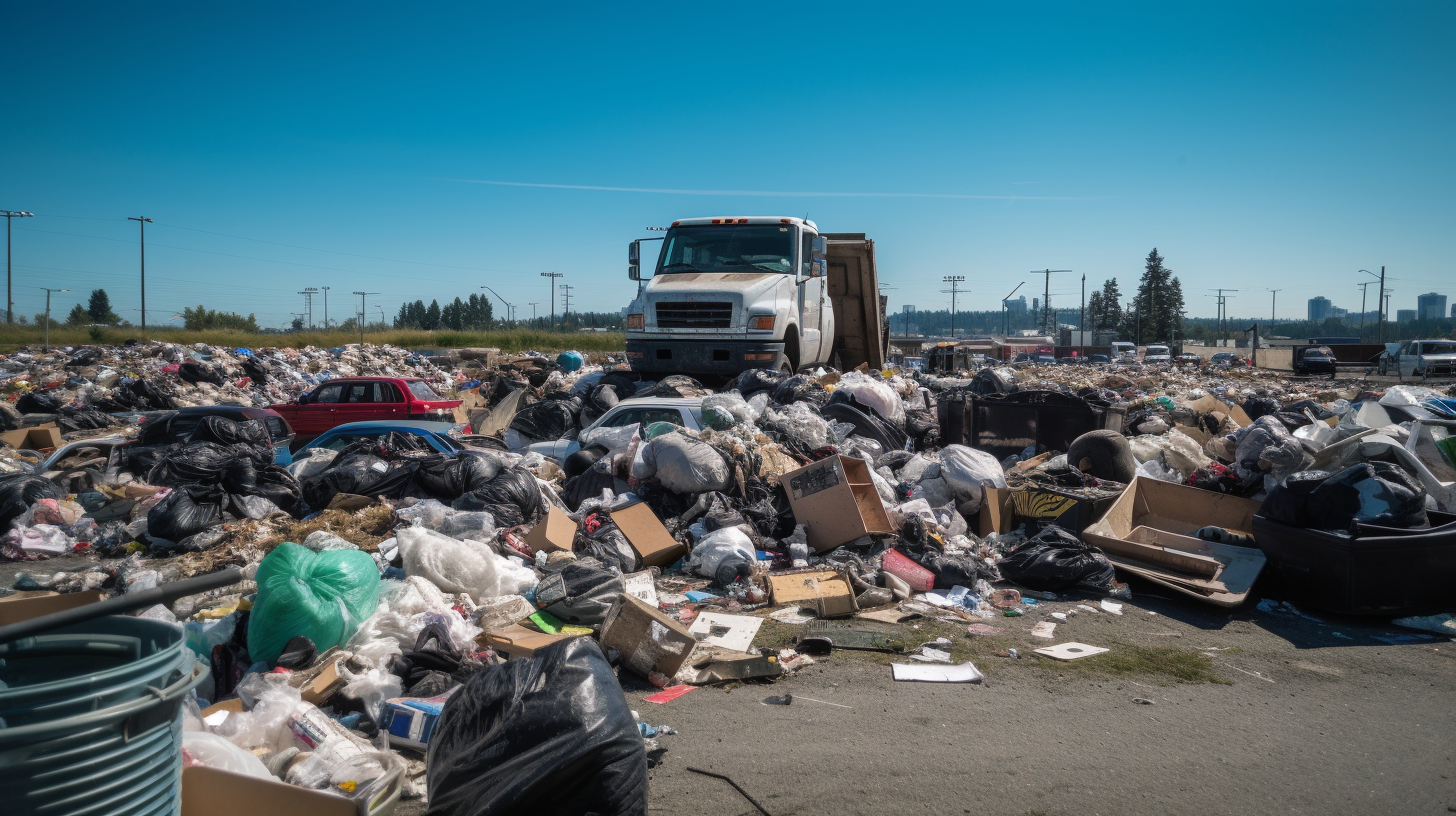 Piles of landfill waste, recyclable materials, and donation items