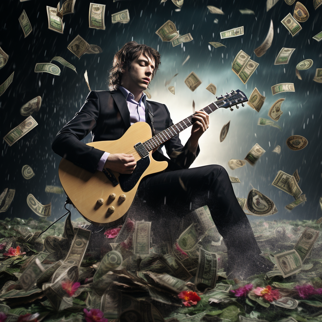 Landscape guitarist playing electric guitar in money rain