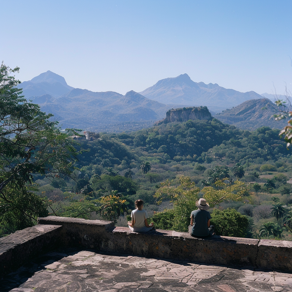 Couple meditating under blue sky