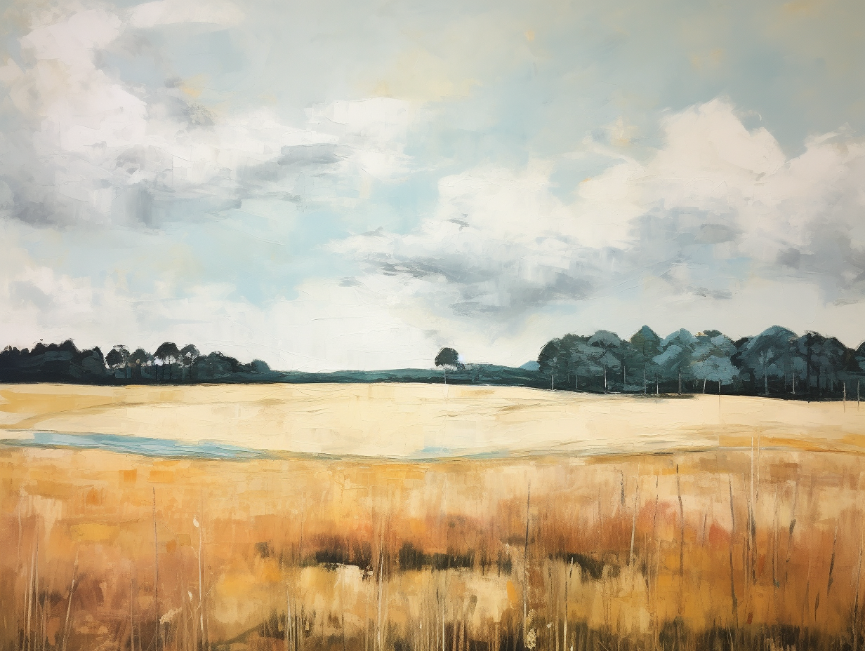 Landscape painting with blue sky, cornfield, and forest