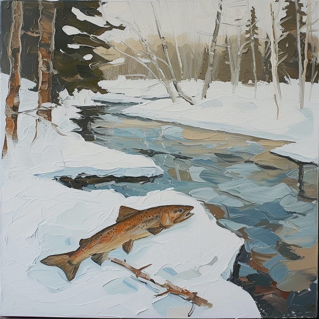 Landscape painting of fish on ice