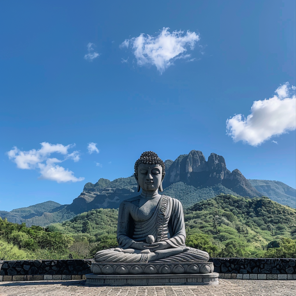 meditating buddha in blue sky