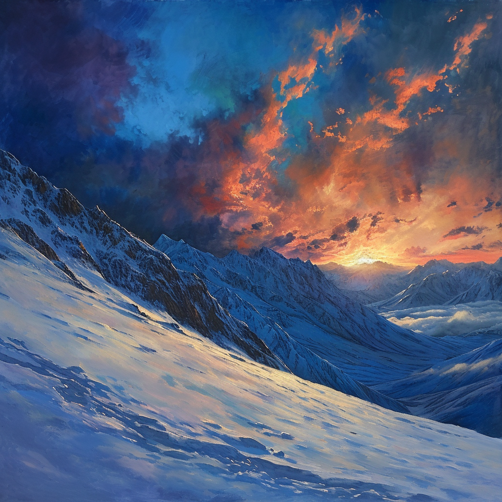 Landscape painting of mountains, clouds, sunset, snow