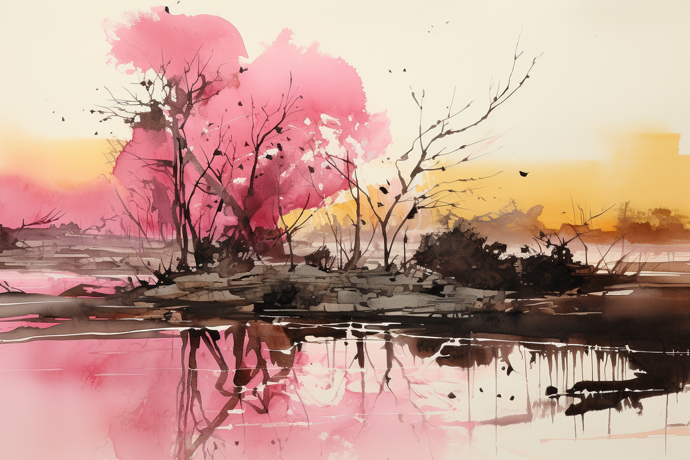 Pink and Yellow Sumi Ink Wash Landscape