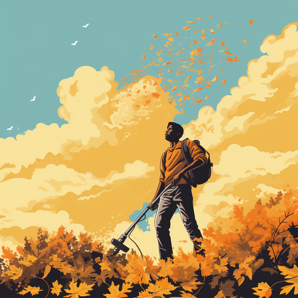 Landscaper blowing autumn leaves with leaf blower