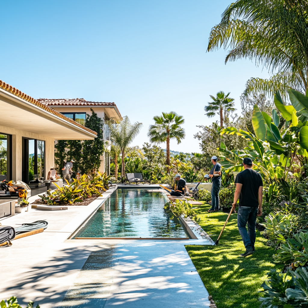 Landscaping team working on modern estate