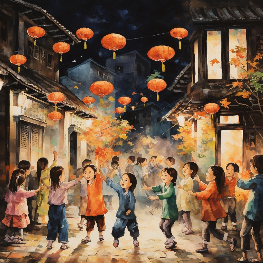 Colorful lantern festival celebration with dancing children