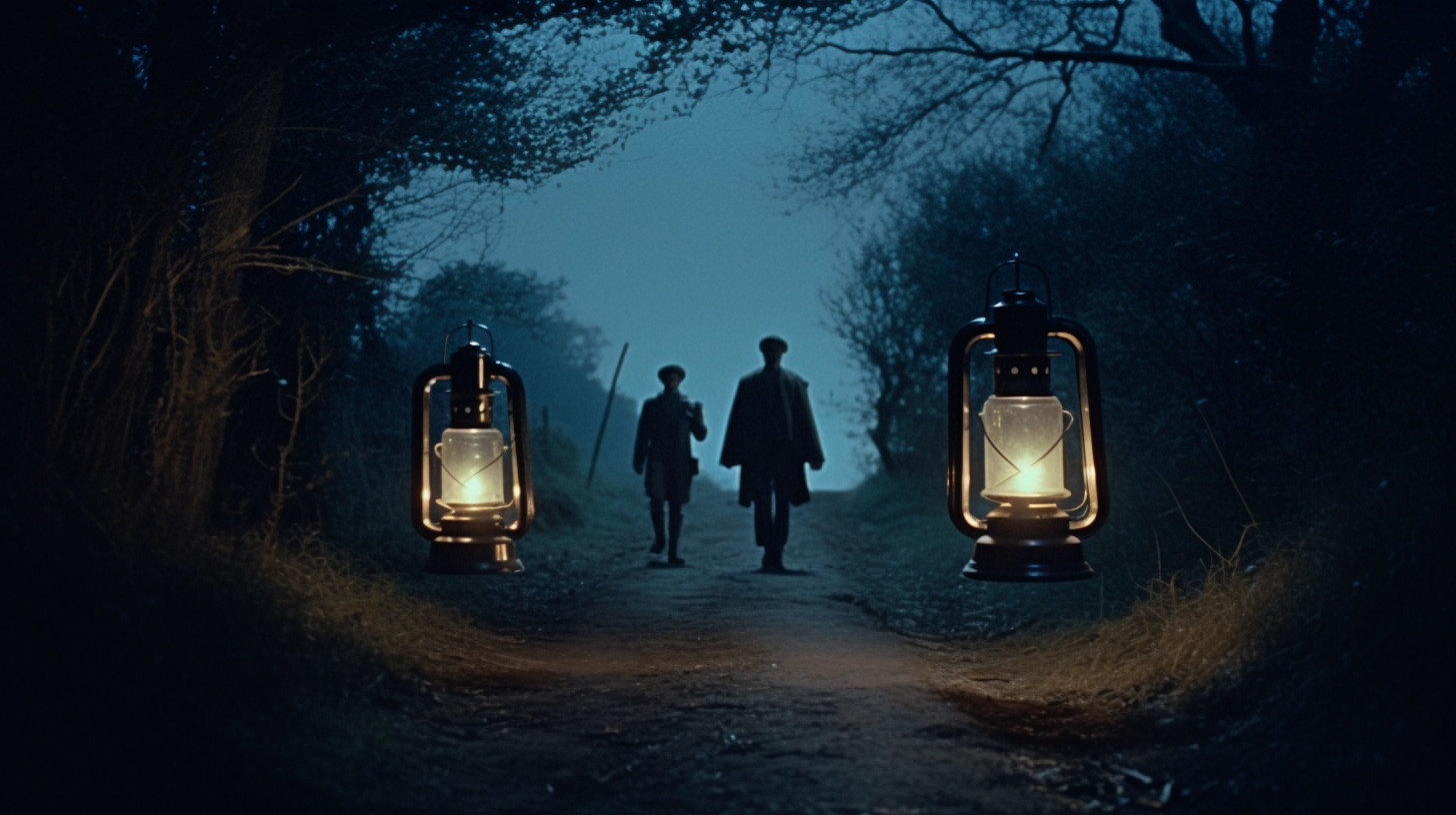 People with a lantern walking at night