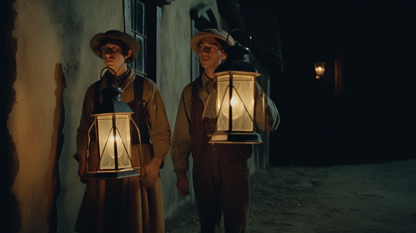 Elegantly dressed people with lantern walking at night