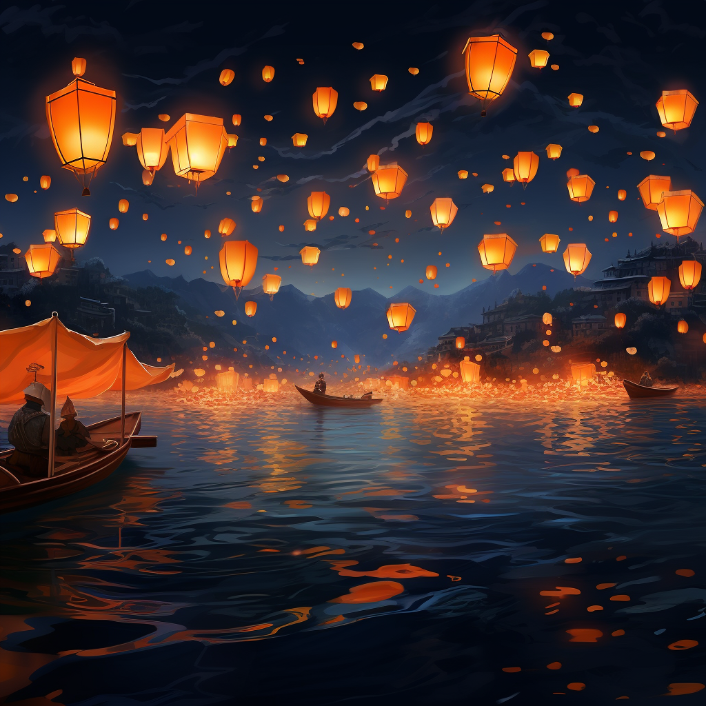 Beautiful illuminated lanterns floating on the ocean