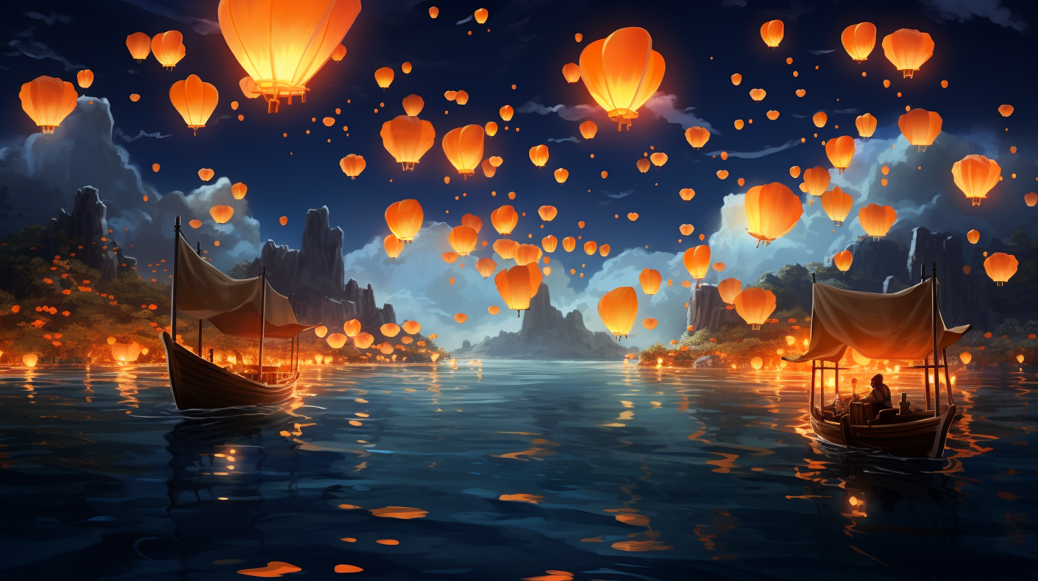 Beautiful lanterns floating on the ocean