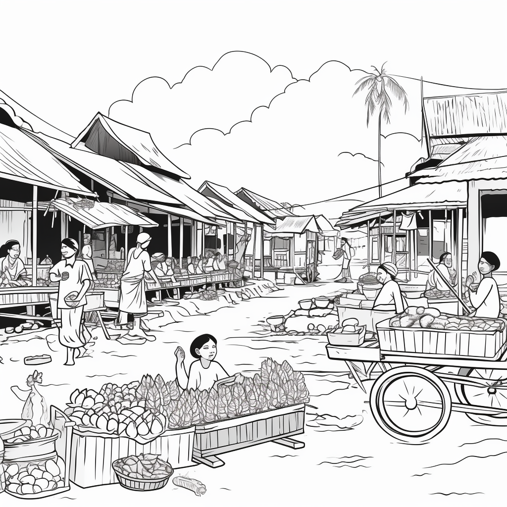 Coloring page of a Laotian street food market