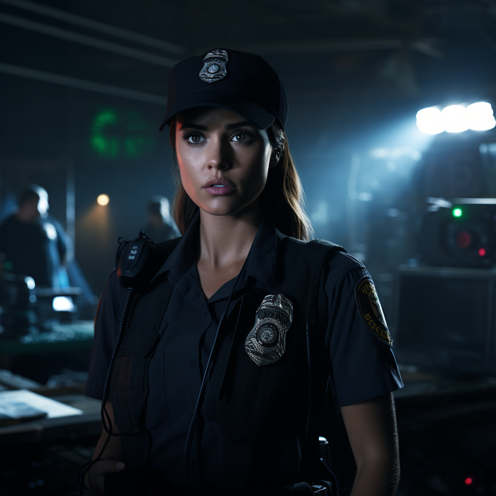 LAPD female cop in uniform looking fearful and confused