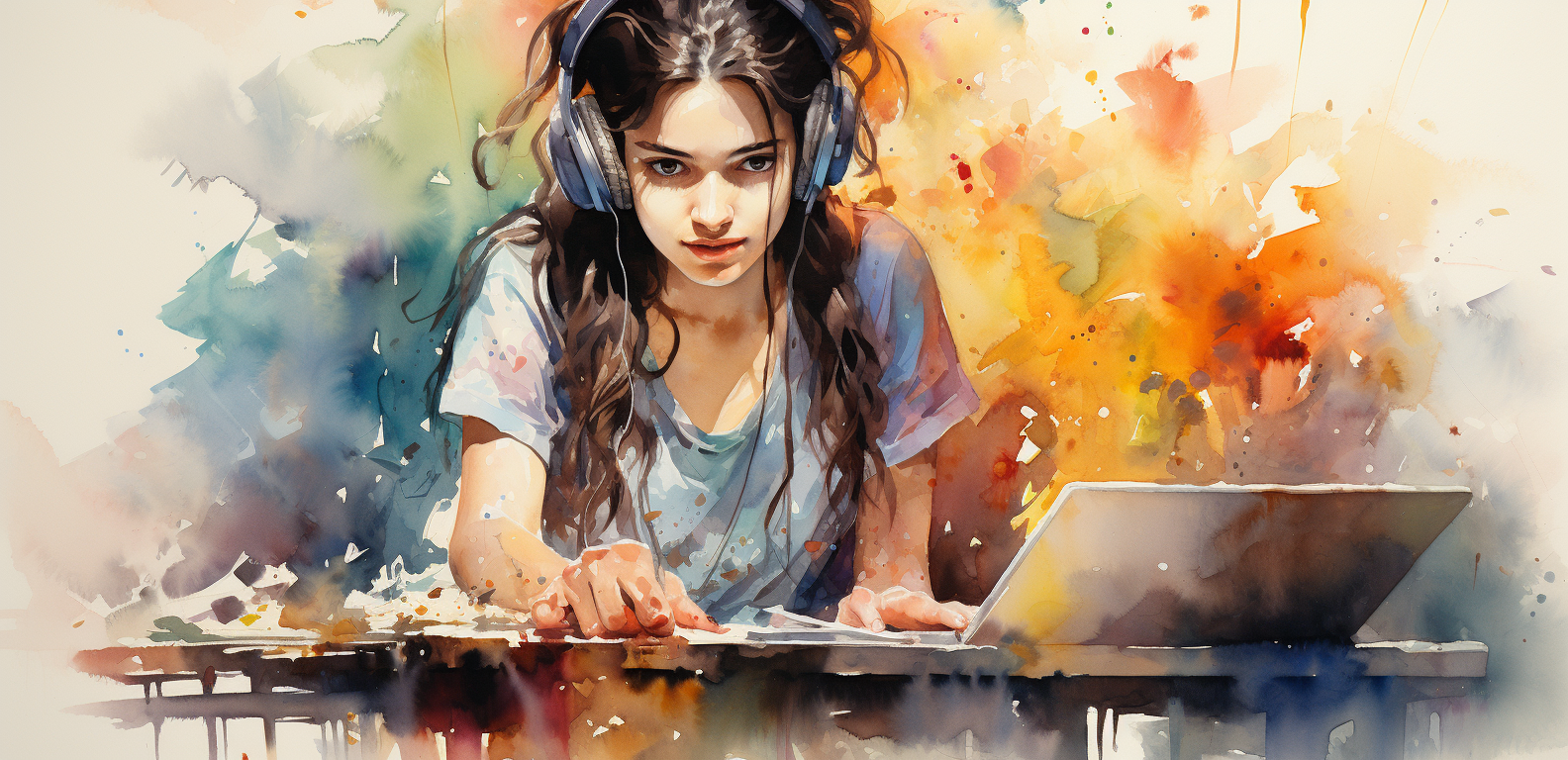 Watercolor painting of computer woman using a laptop