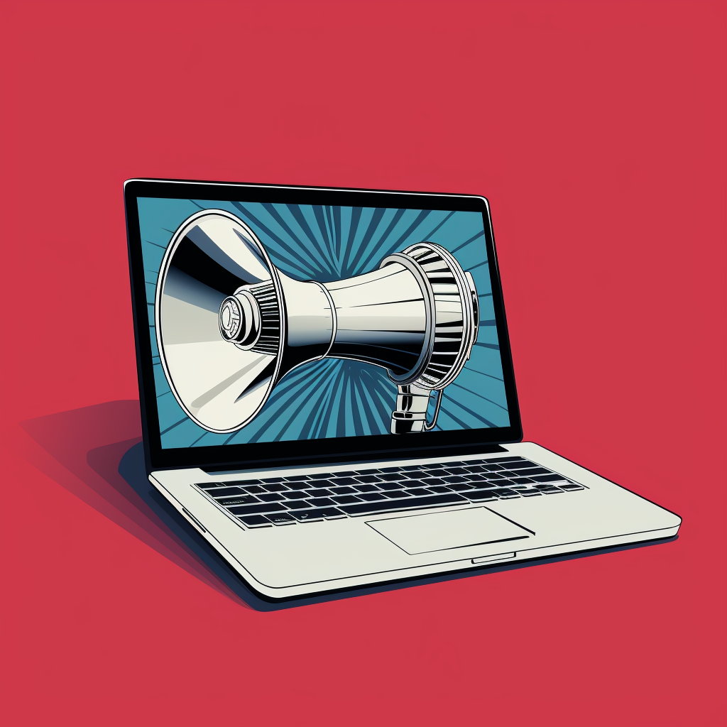 Laptop screen megaphone illustration in New Yorker style