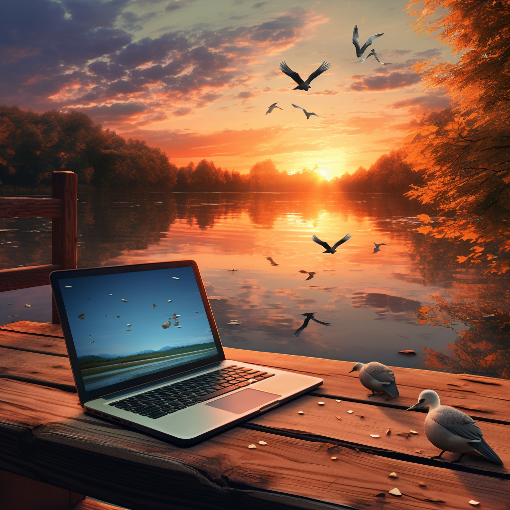 Laptop on a wooden table by a serene lake