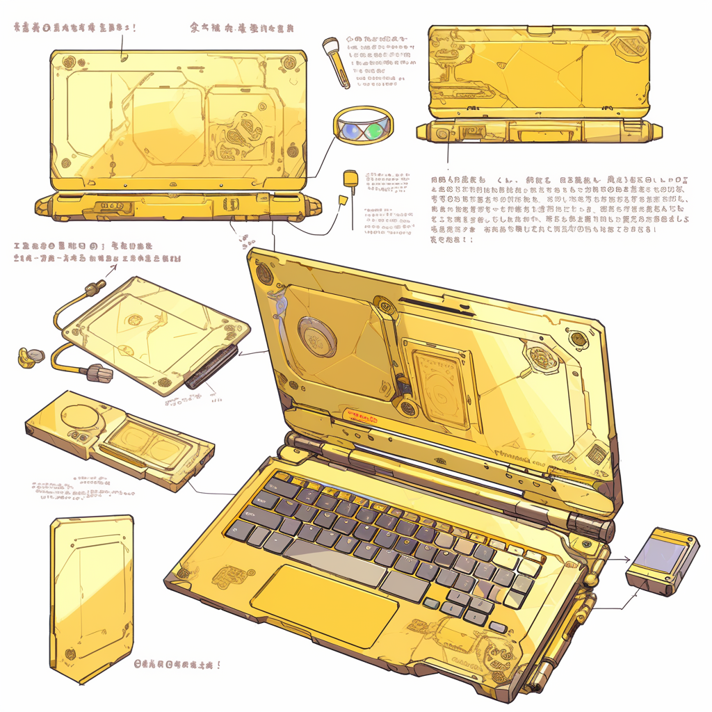 Detailed laptop metal parts in yellow gold