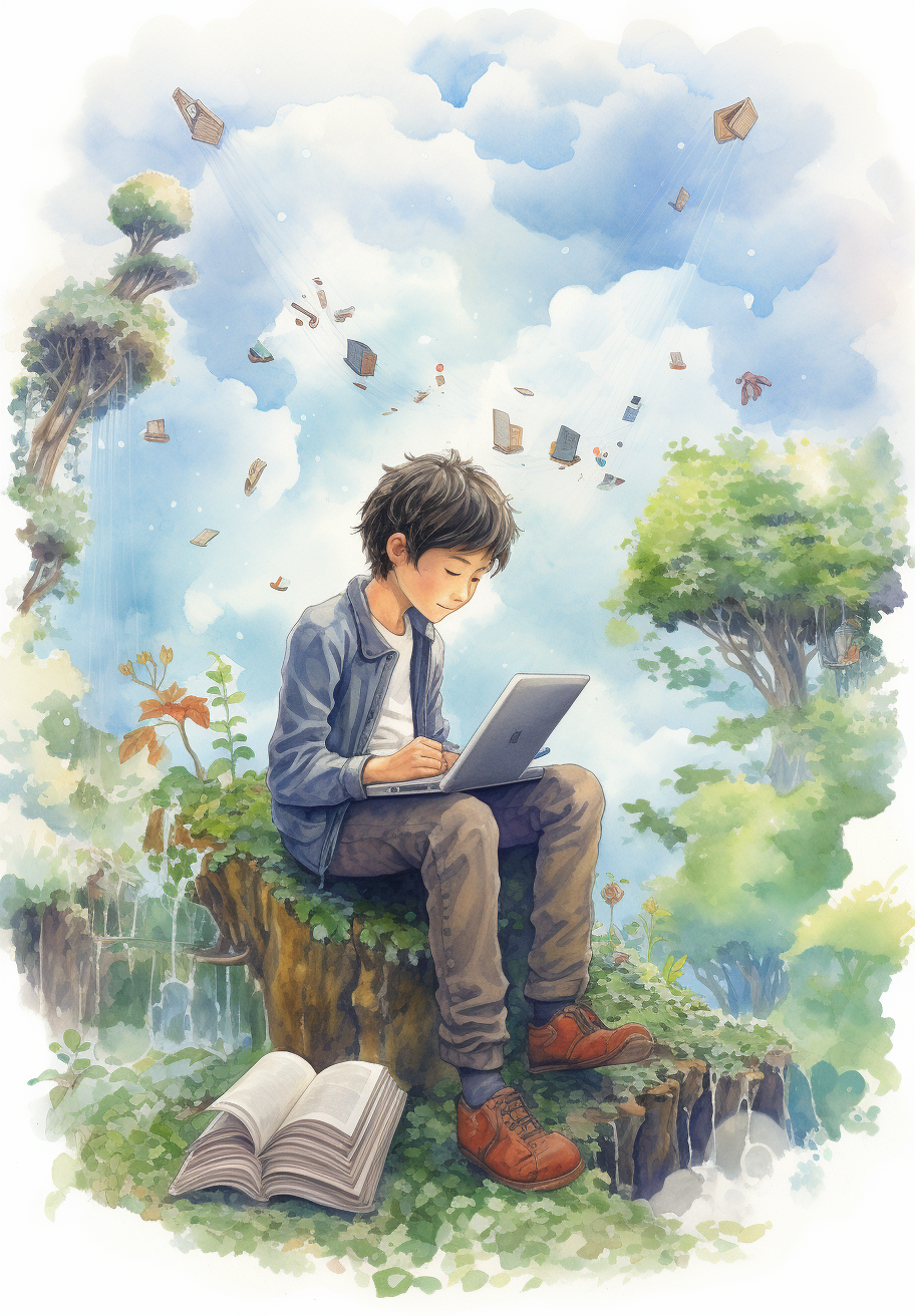 Man working on a laptop with children illustration