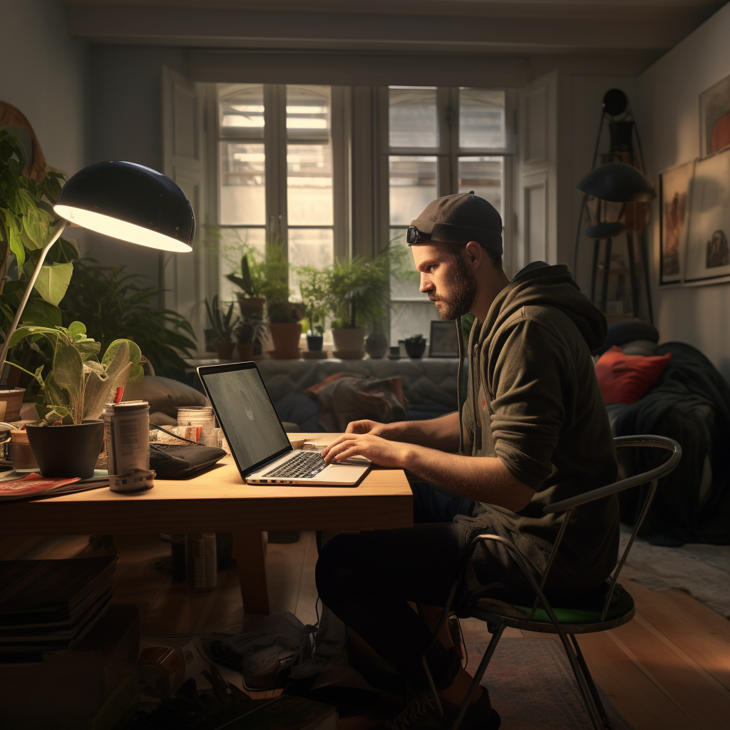 Men working on laptop in living room