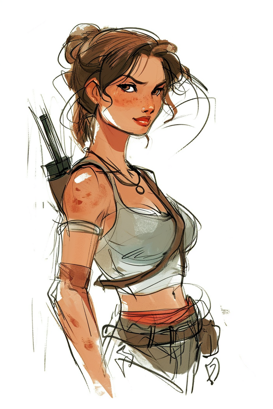 Lara Croft character concept sketch in Disney style