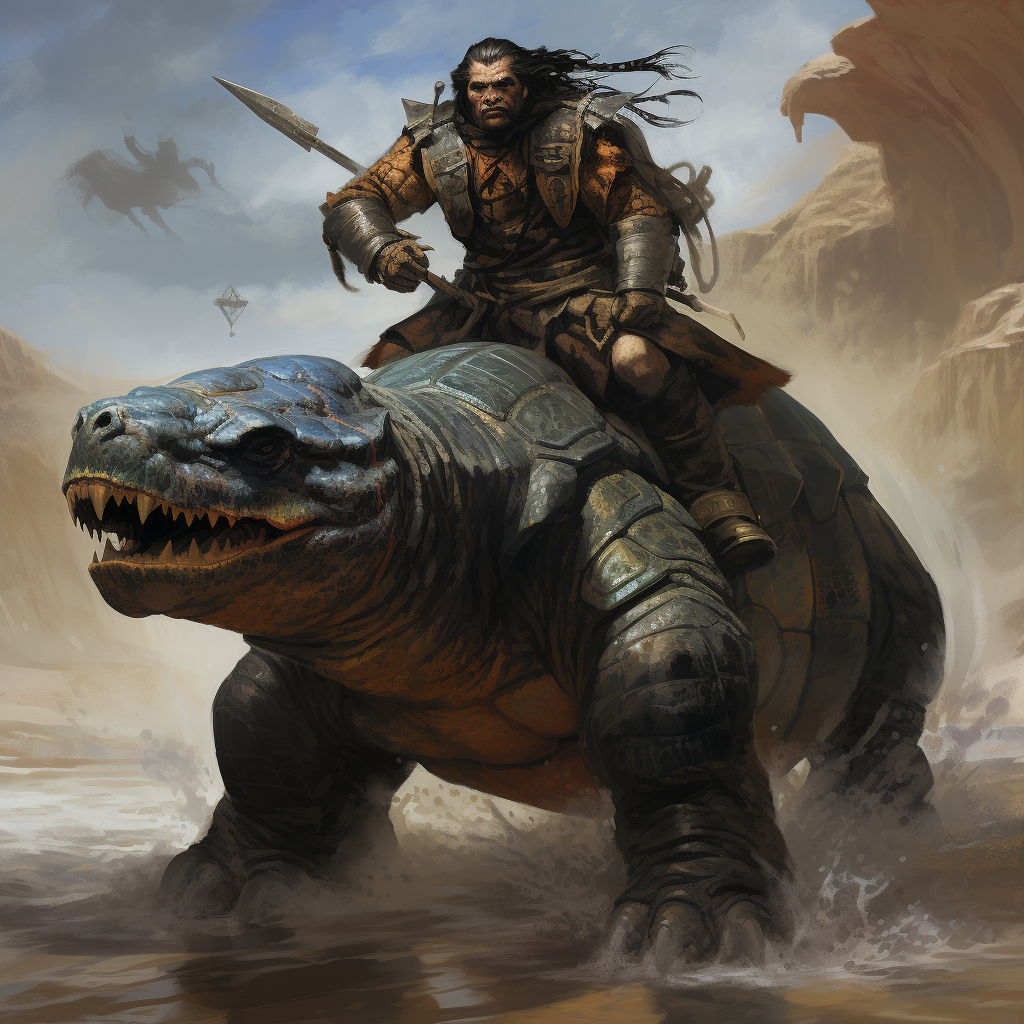 Massive tortle riding majestic black stallion