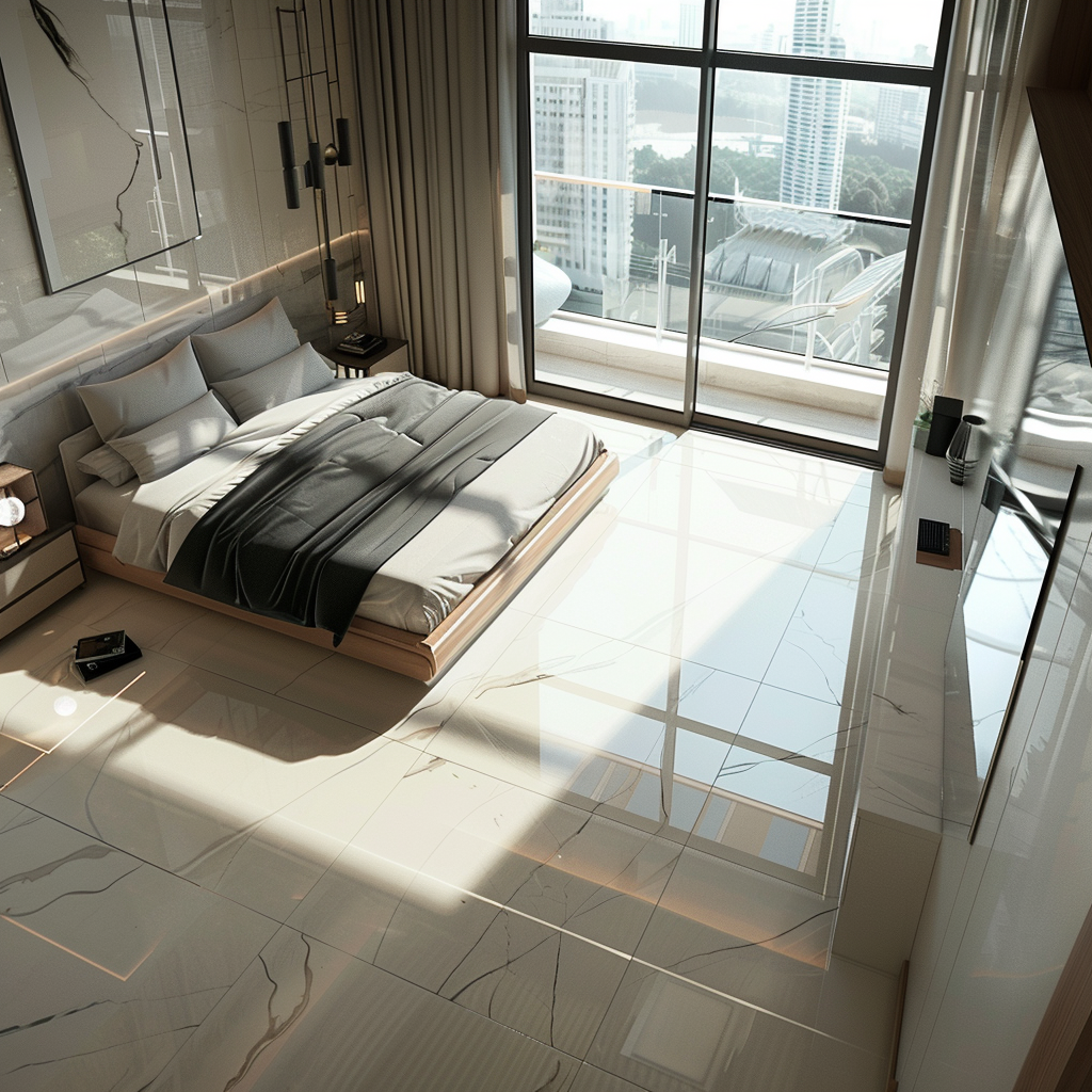 Large bedroom porcelain floor interior