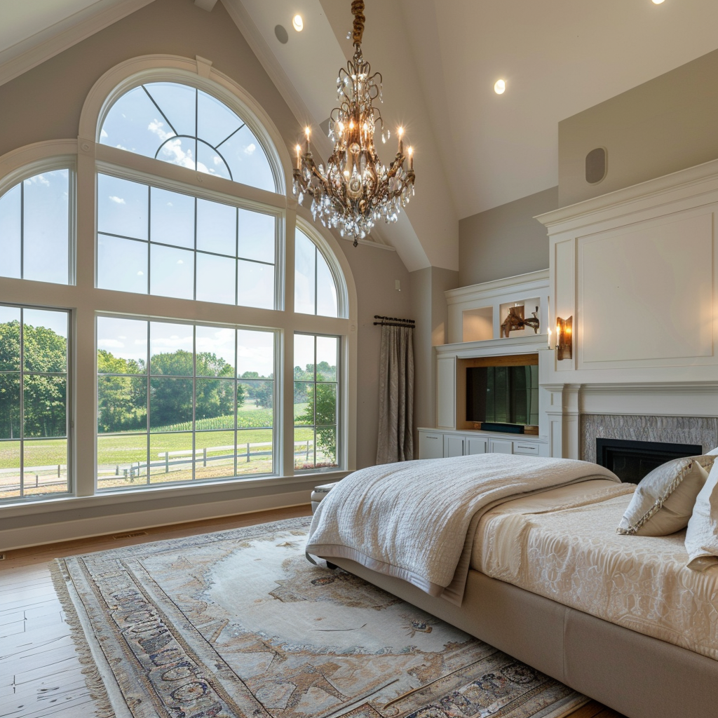 Large bedroom with chandelier and fireplace