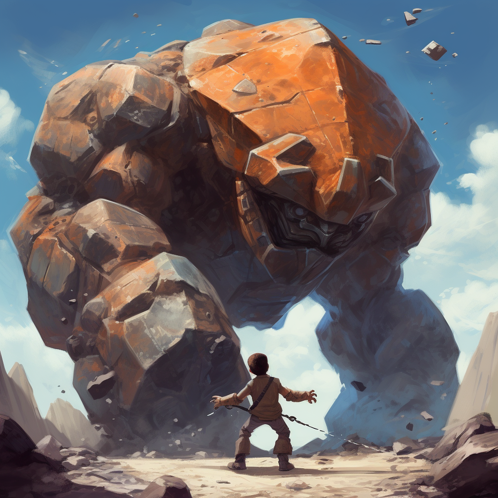 Robot being crushed by huge boulder