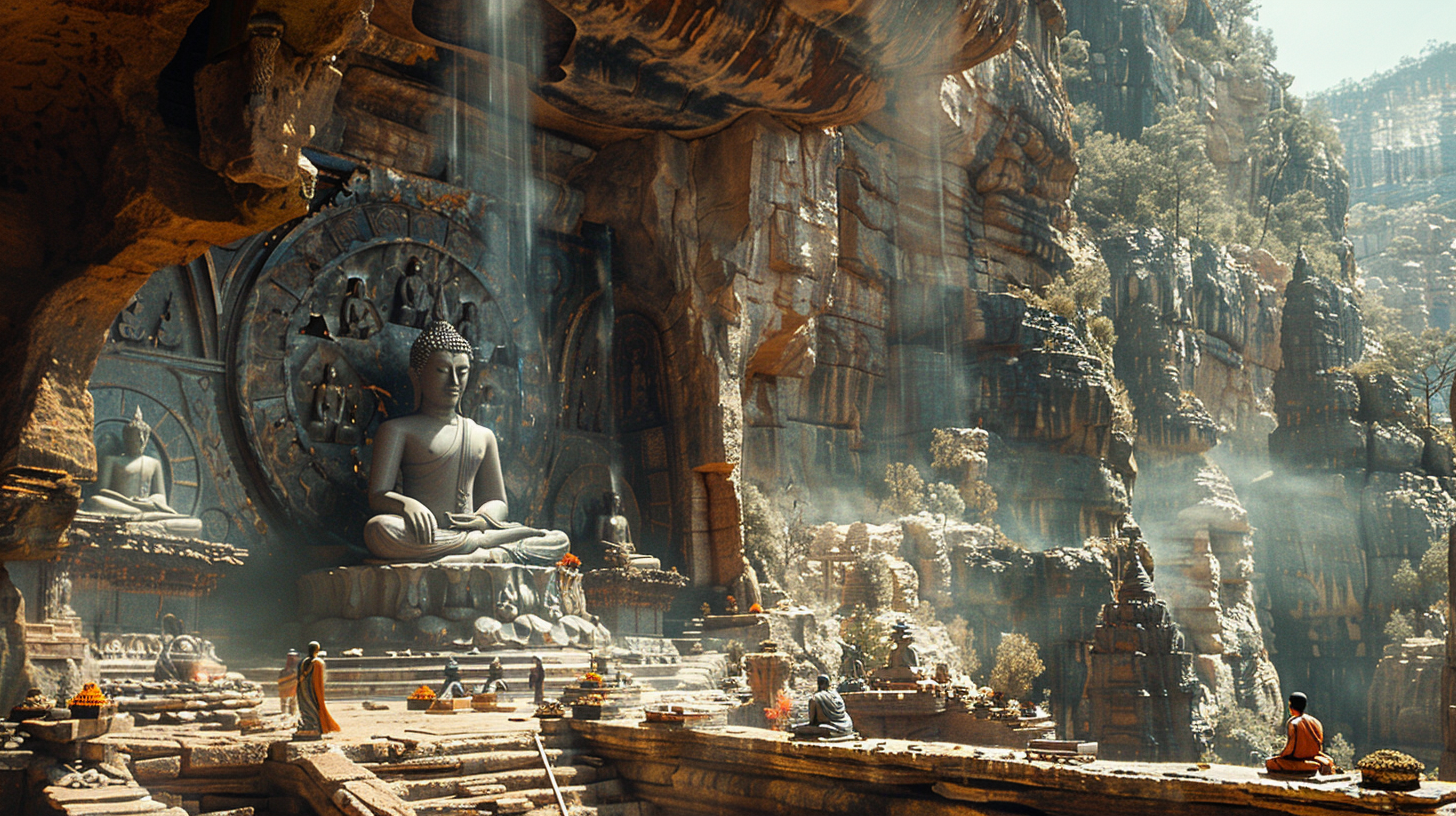 Buddha statue on cliff rocks