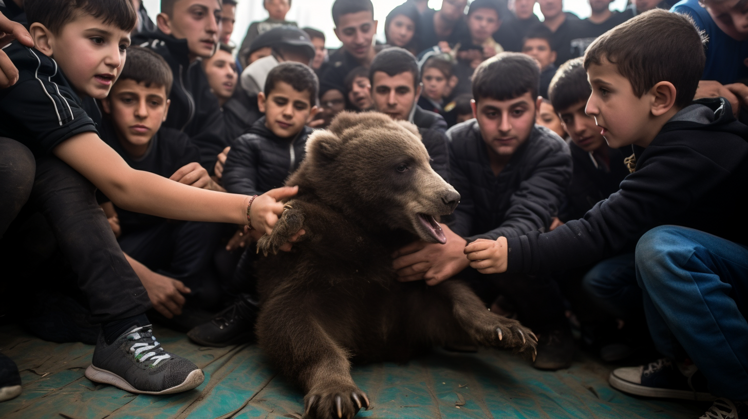 Boys wrestling with baby bear