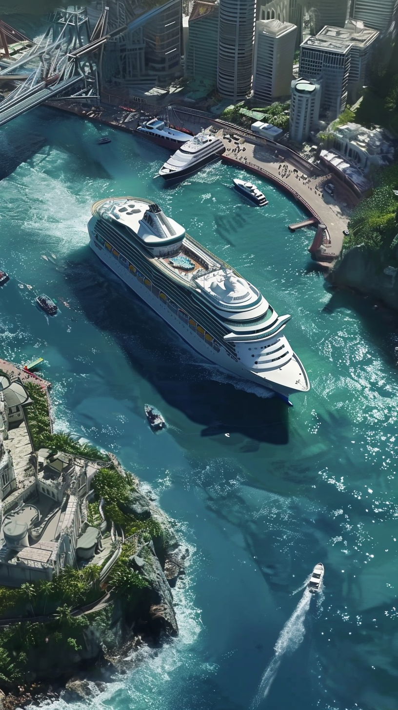 Aerial view of large cruise ship anchoring