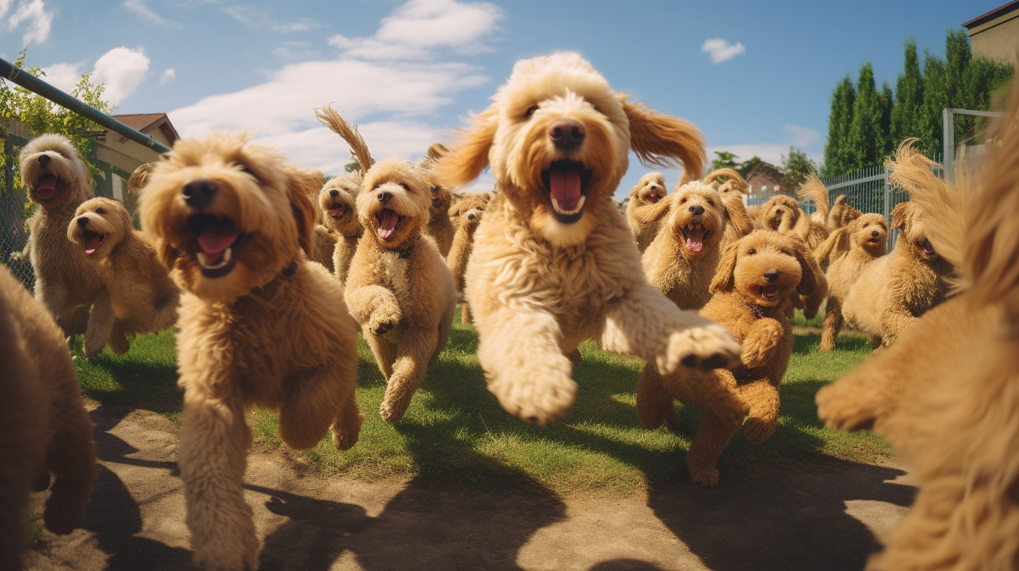 Group of Apricot Labradoodles playing in the yard