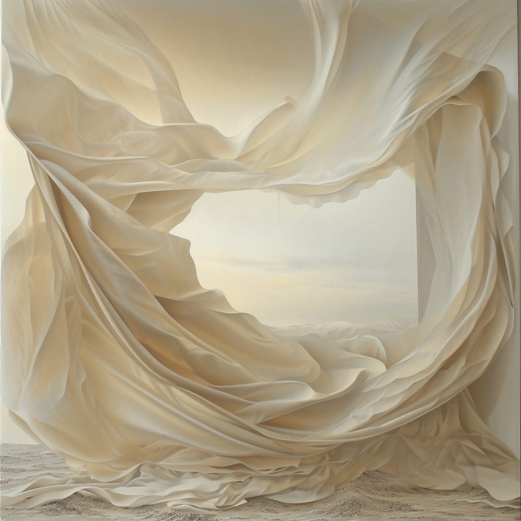 Large ivory curtain in strong wind