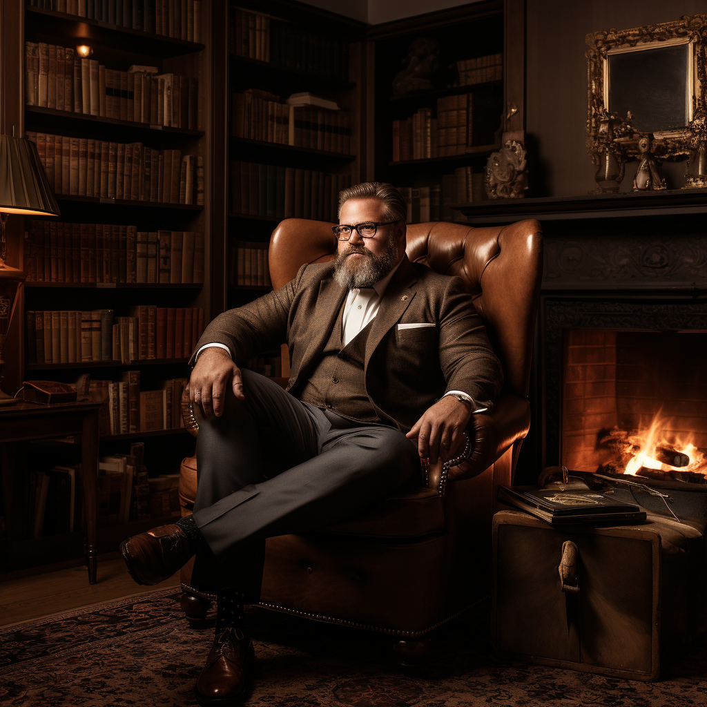 Man sitting in leather tufted chair in home library near fireplace