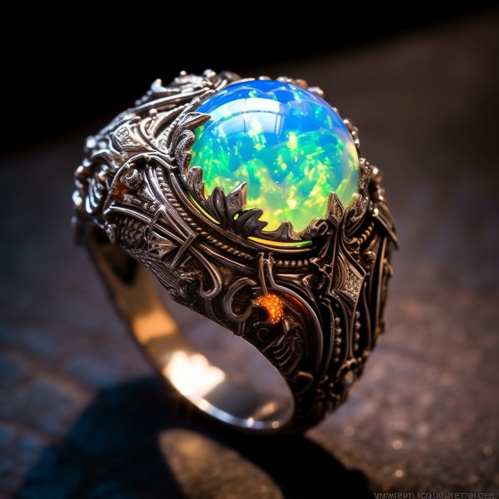 Opulent Opal Ring with Intricate Medieval, Art Deco, and Victorian Designs