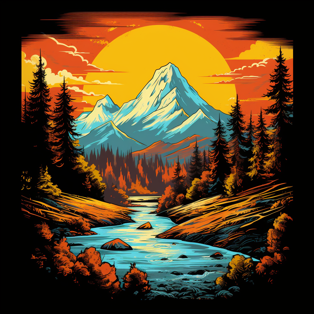 Retro mountain landscape with trees, tents, and river