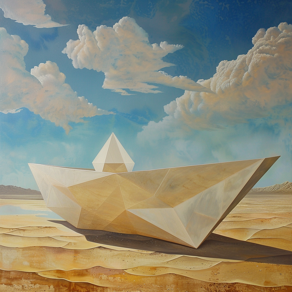 Desert paper boat surreal painting