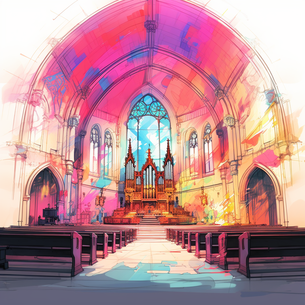 Colorful sketch of large screen in tiny church