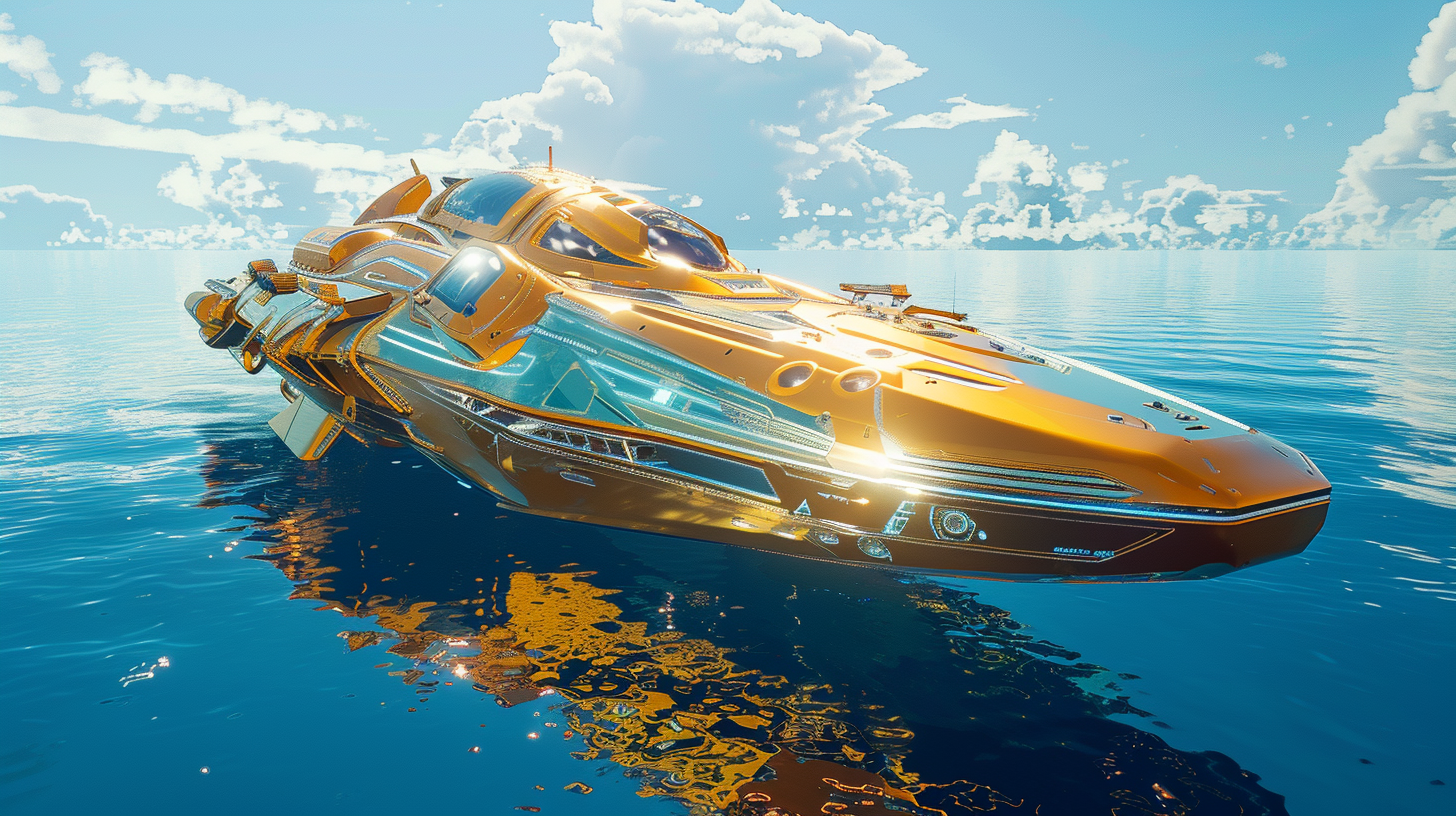 Gold Space Fighter Ship Ocean