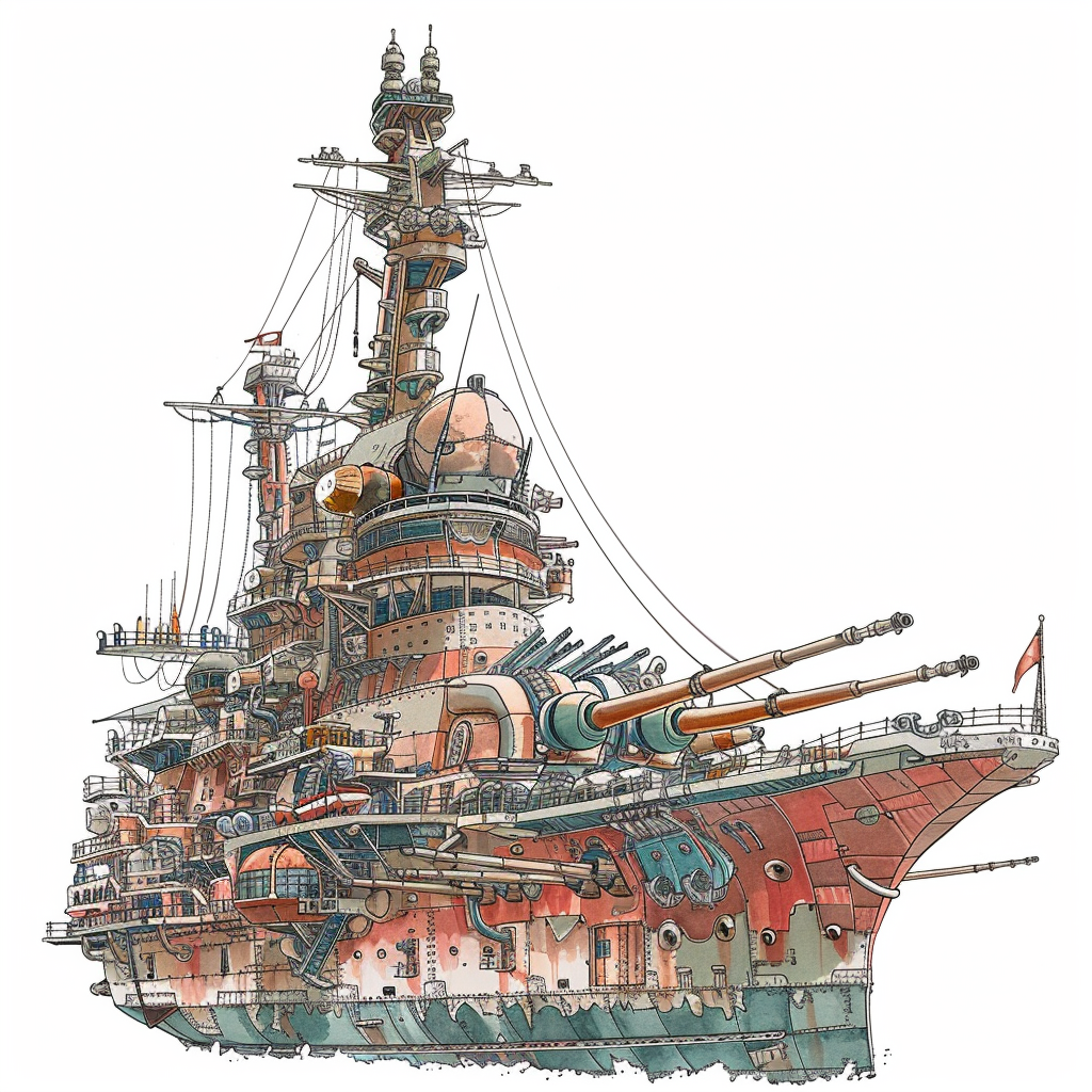 Digital colored chibi warship illustration