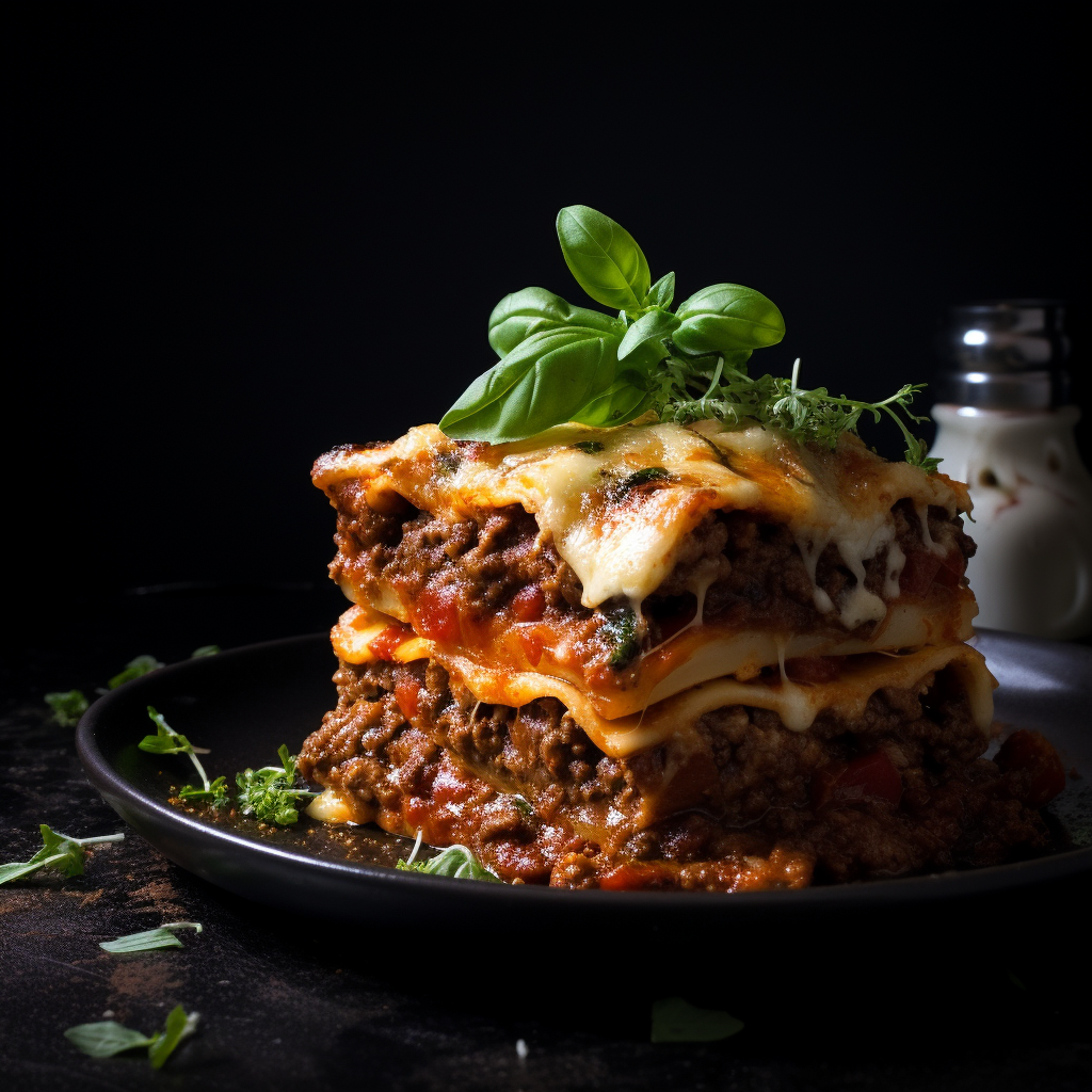 Savory lasagne dish with dark background