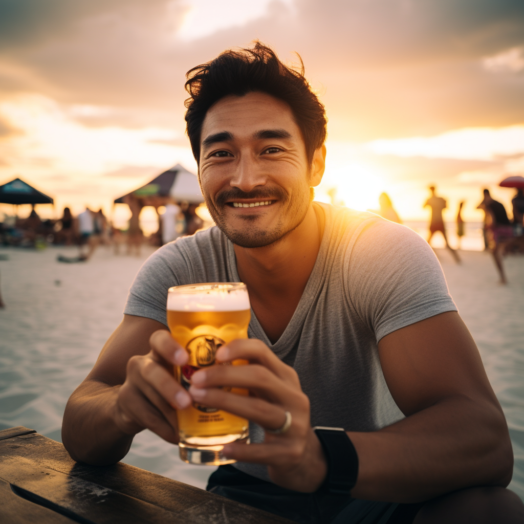 Smiling Asian man enjoying beach sunset