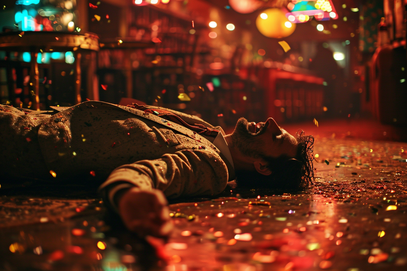 Man asleep on bar floor with confetti and streamers